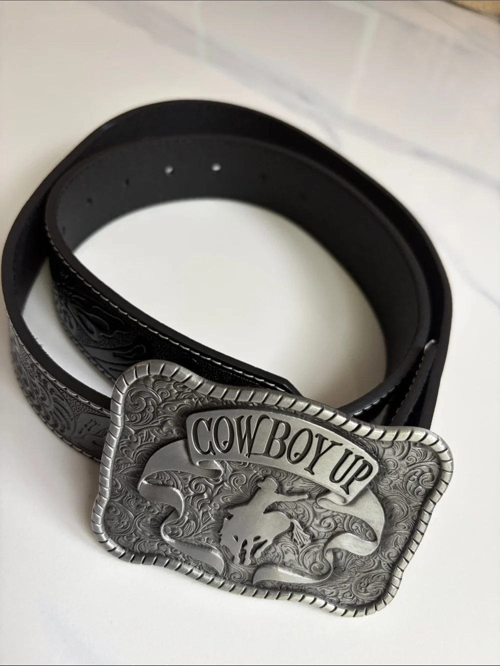 Cowboy Up Western Floral Tooled Black Leather Belt Large XL Silver Trophy Buckle